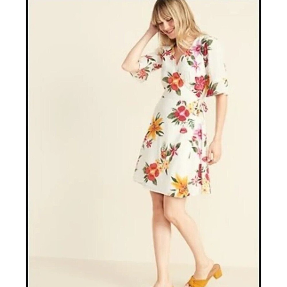 Old Navy Floral Faux Wrap Dress Womens 3x Ivory V Neck Bell Sleeve Above Knee